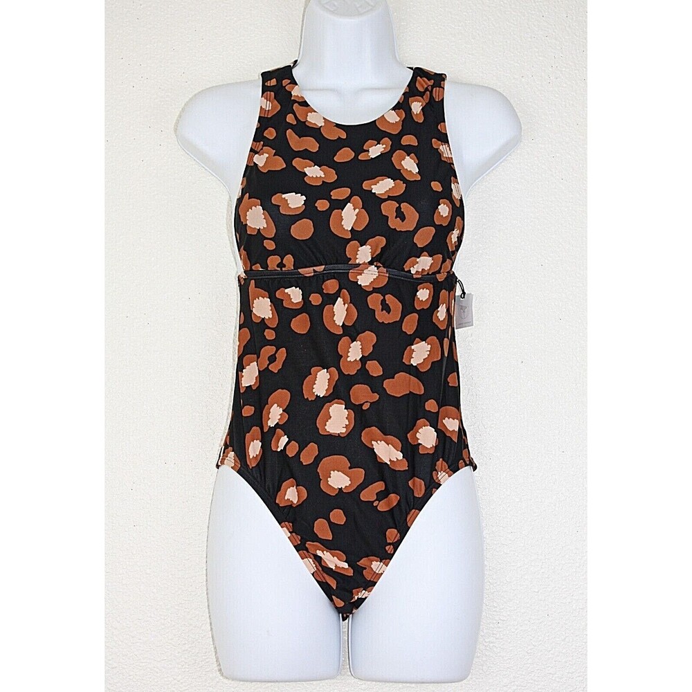 NWT SHADE & SHORE 1 Pc Swimsuit Sz S Black Cream Brown Animal Print Back Zip #02